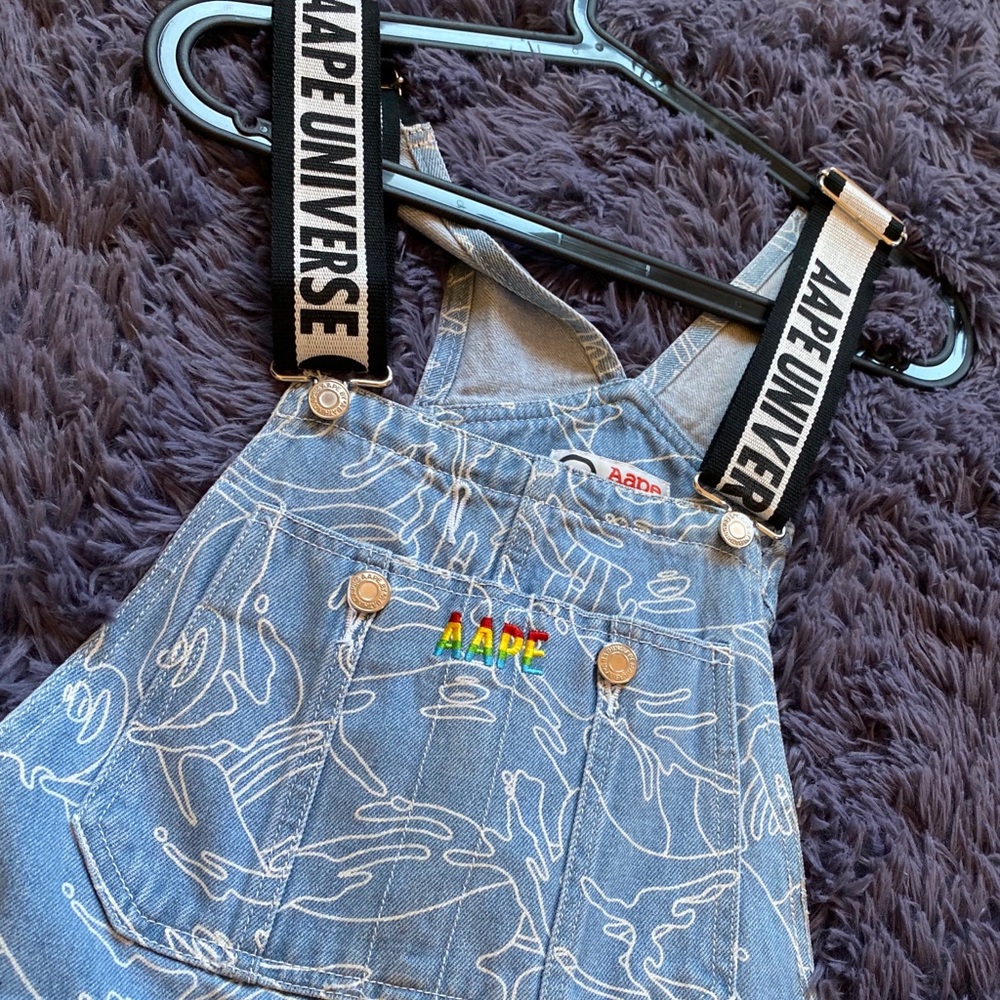 Rare AAPE Light Blue Denim Overalls with "AAPE UNIVERSE" Logo Black Straps